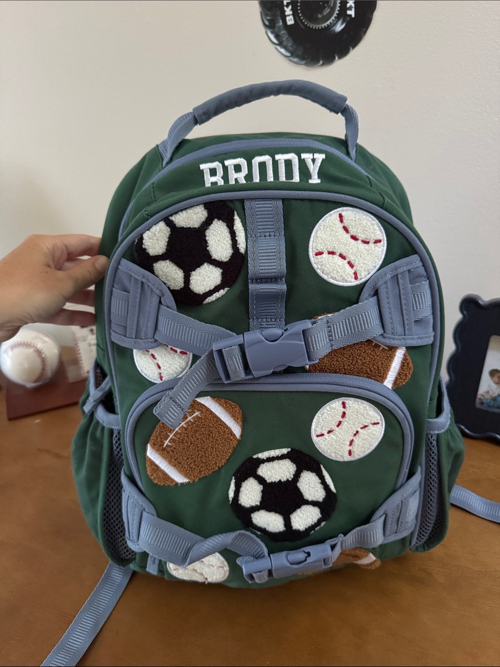 Pottery Barn Kids Green Sports Patch Backpack with Gray Straps: Small